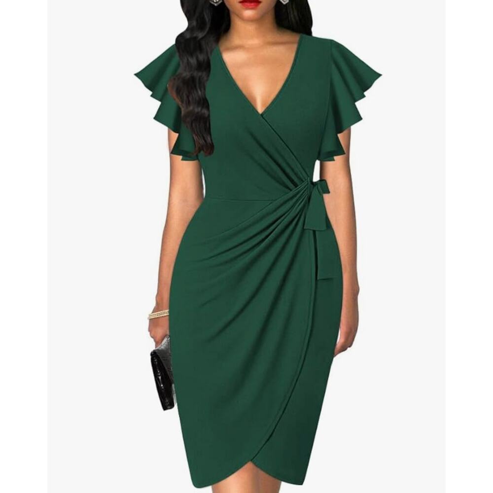 oten Deep V Neck Ruffle Sleeve Cocktail Party Faux Wrap Dress